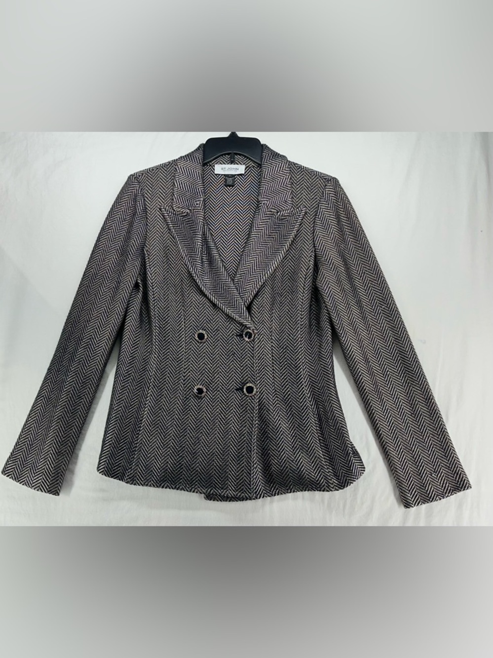 St John Knit Blazer Jacket Black Tan Herringbone Double Breasted Size 8 Career